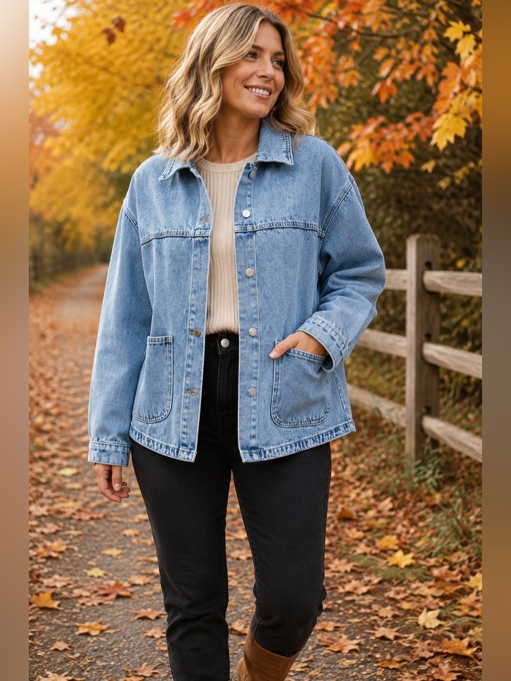 Oversized Light Wash Denim Chore Jacket Utility Barn Coat Snap Front Pockets- S